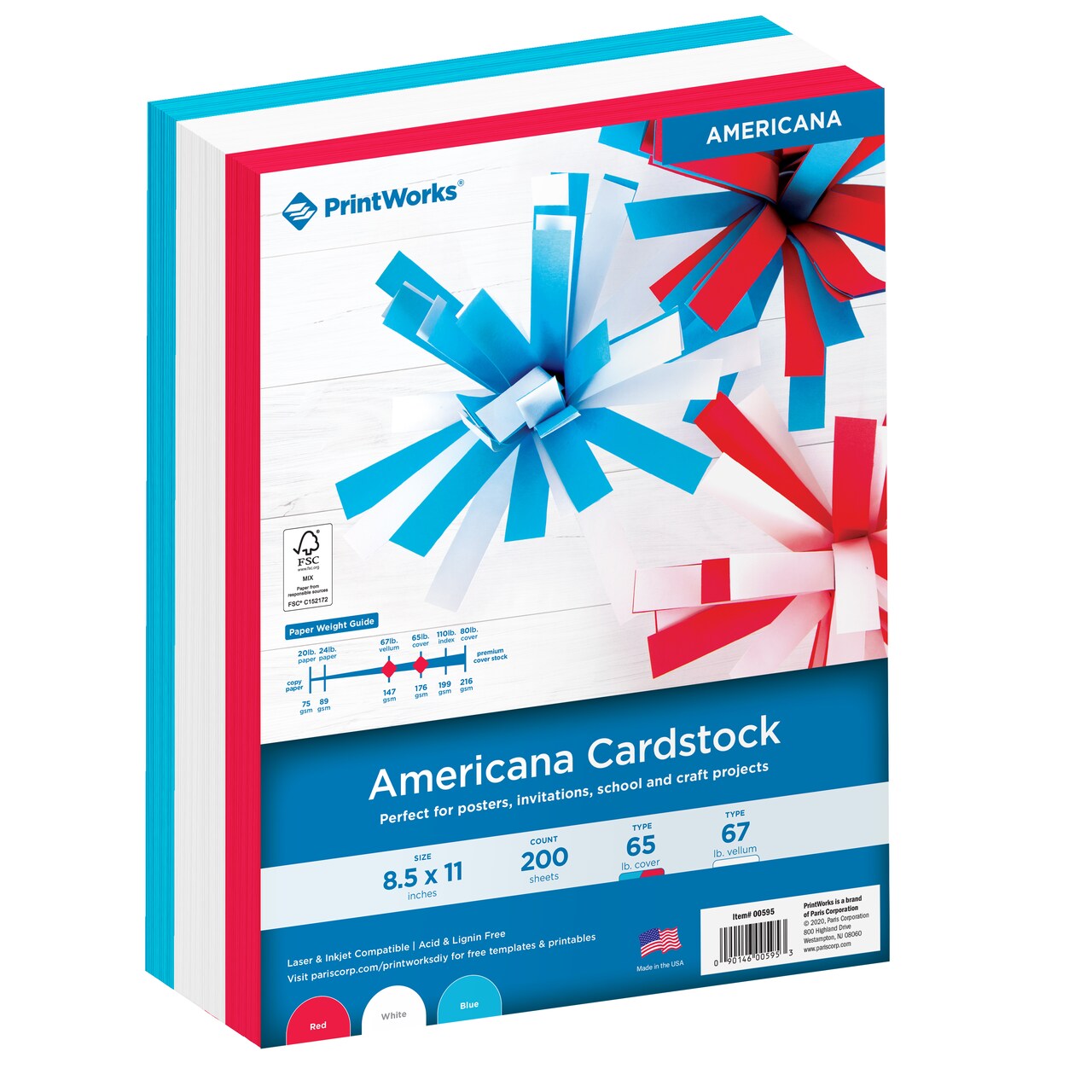 PrintWorks Americana Cardstock, 3 Assorted Colors -Red, White, Blue, Solid Core, 200 Sheets, 8.5” x 11” (00595)
